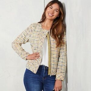 Liverpool Los Angeles Collarless Zip Up Mustard Multi Plaid Tweed Jacket Size M